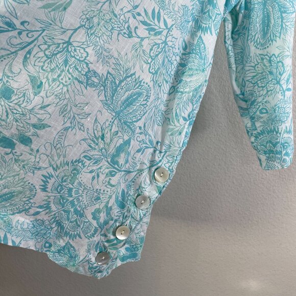 Sigrid Olsen Womens Plus 1X 100% Linen Side Button Top Floral Turquoise White - Picture 9 of 11